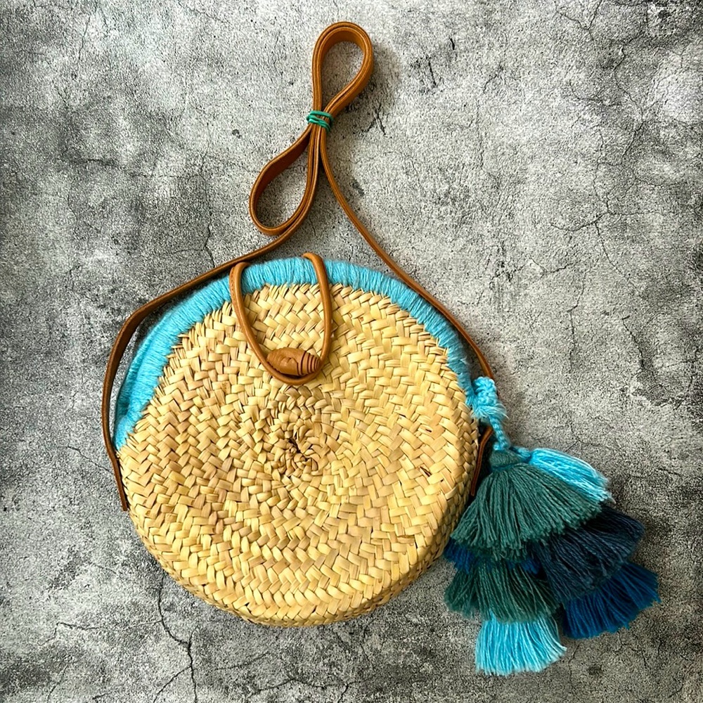 Boho Round Rattan Straw Leather Strap Tassel Shoulder Bag